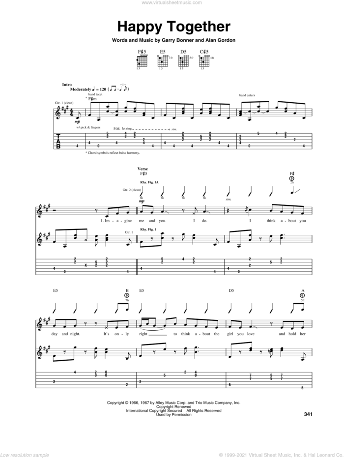 Happy Together sheet music for guitar (tablature) by The Turtles, Alan Gordon and Garry Bonner, intermediate skill level