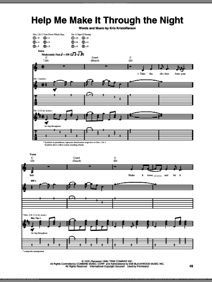 Help Me Make It Through The Night sheet music for guitar (tablature) by Kris Kristofferson, Elvis Presley, Sammi Smith and Willie Nelson, intermediate skill level