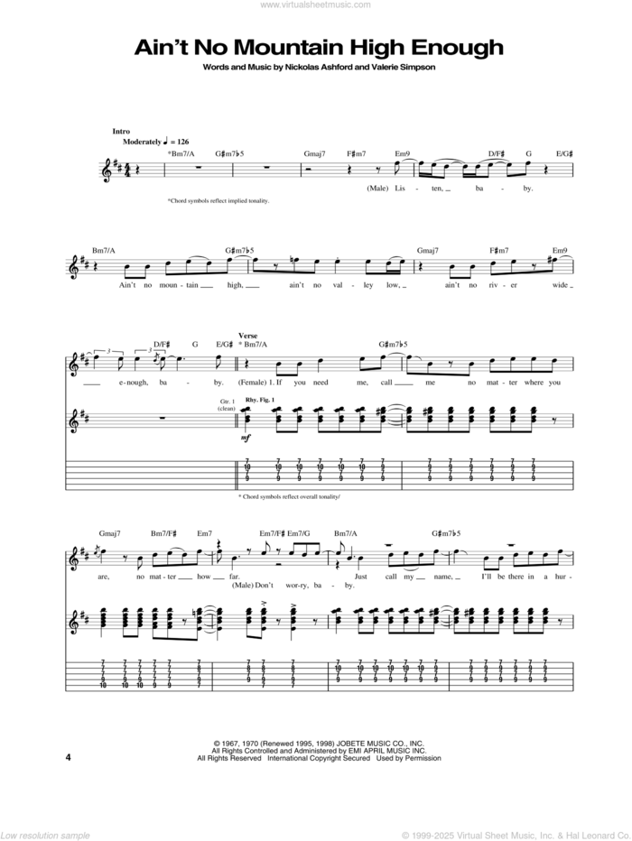 Ain't No Mountain High Enough sheet music for guitar (tablature) by Marvin Gaye & Tammi Terrell, Ashford & Simpson, Diana Ross, Marvin Gaye, Michael McDonald, Nickolas Ashford and Valerie Simpson, intermediate skill level