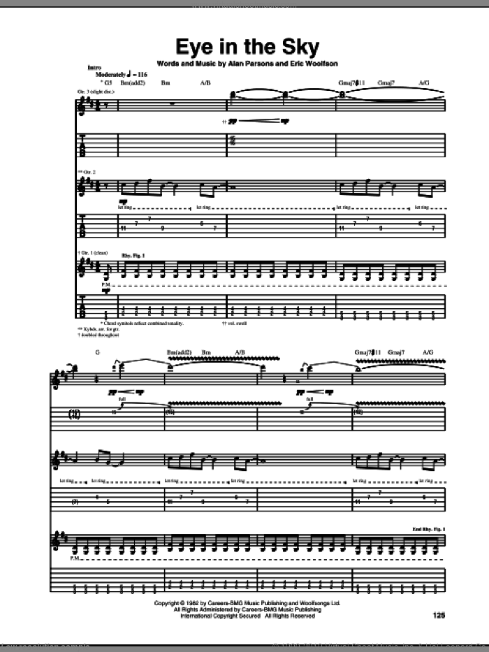 Eye In The Sky sheet music for guitar (tablature) by Alan Parsons Project, Alan Parsons and Eric Woolfson, intermediate skill level