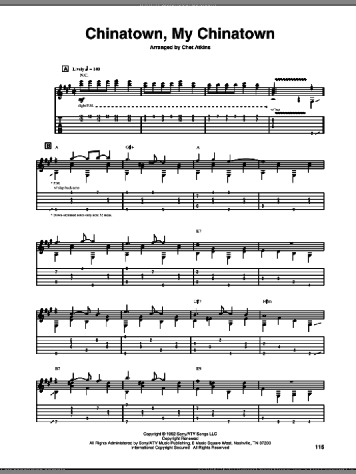 Chinatown, My Chinatown sheet music for guitar (tablature) by Chet Atkins, intermediate skill level