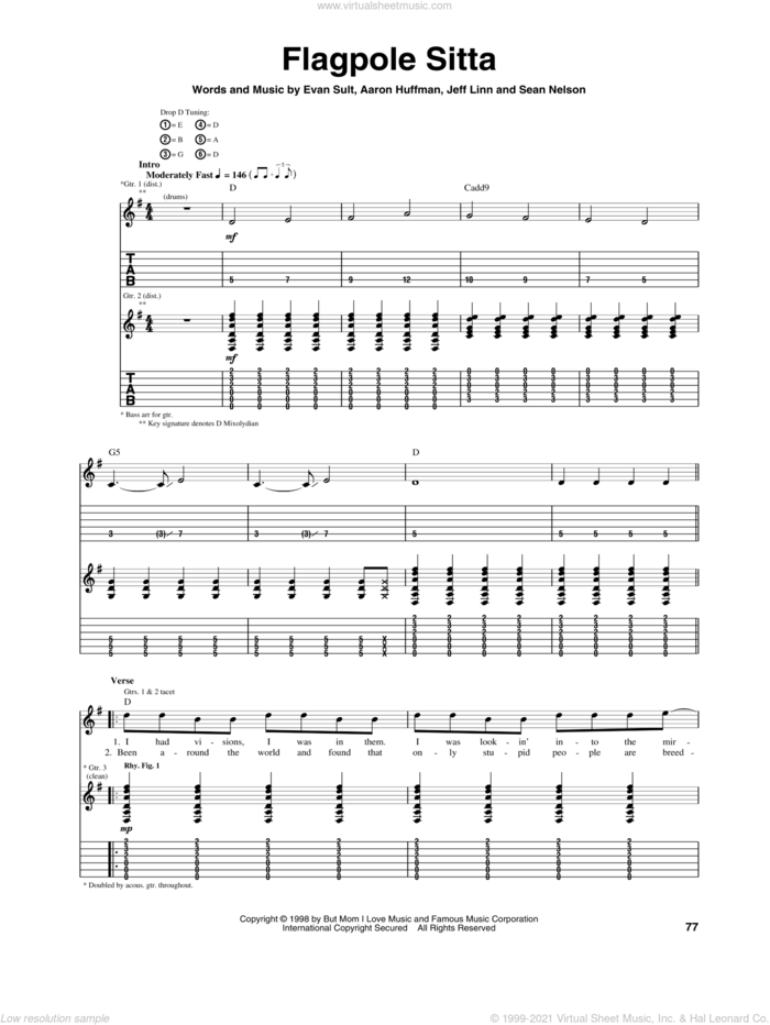 Flagpole Sitta sheet music for guitar (tablature) by Harvey Danger, Aaron Huffman, Evan Sult, Jeff Linn and Sean Nelson, intermediate skill level