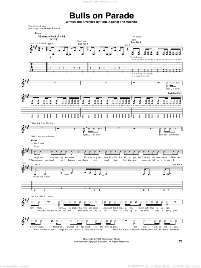 Bulls On Parade sheet music for guitar (tablature) by Rage Against The Machine, intermediate skill level