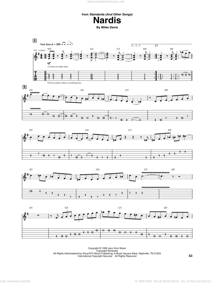 Nardis sheet music for guitar (tablature) by Mike Stern and Miles Davis, intermediate skill level