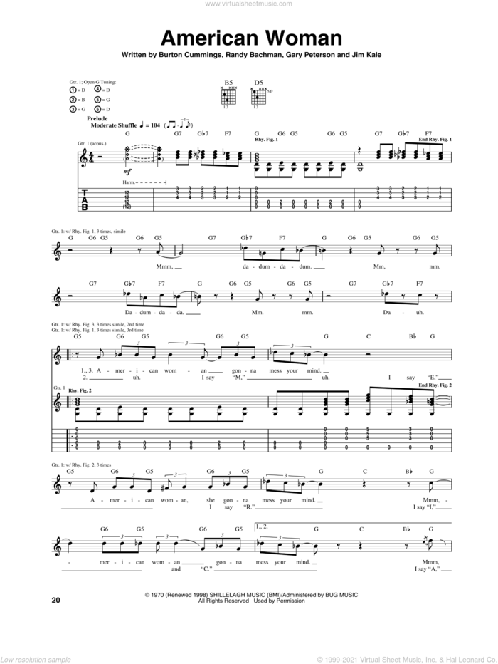 American Woman sheet music for guitar (tablature) by The Guess Who, Lenny Kravitz, Burton Cummings, Gary Peterson, Jim Kale and Randy Bachman, intermediate skill level