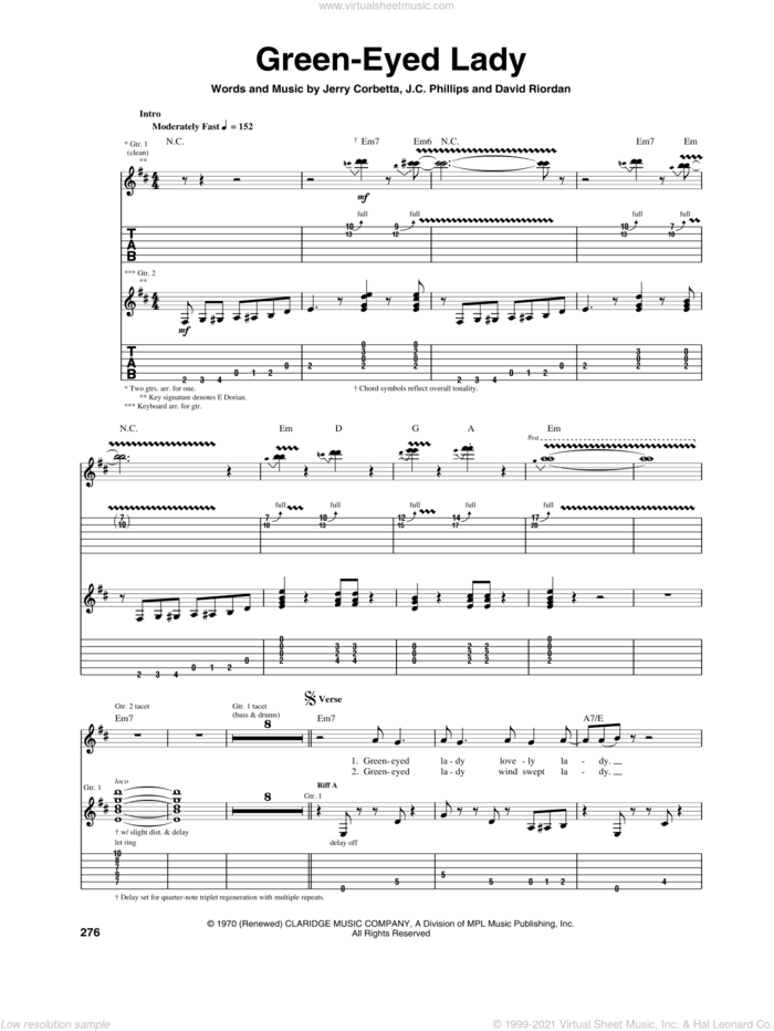 Green-Eyed Lady sheet music for guitar (tablature) by Sugarloaf, David Riordan, J.C. Phillips and Jerry Corbetta, intermediate skill level