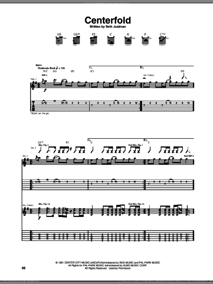 Centerfold sheet music for guitar (tablature) by J. Geils Band and Seth Justman, intermediate skill level