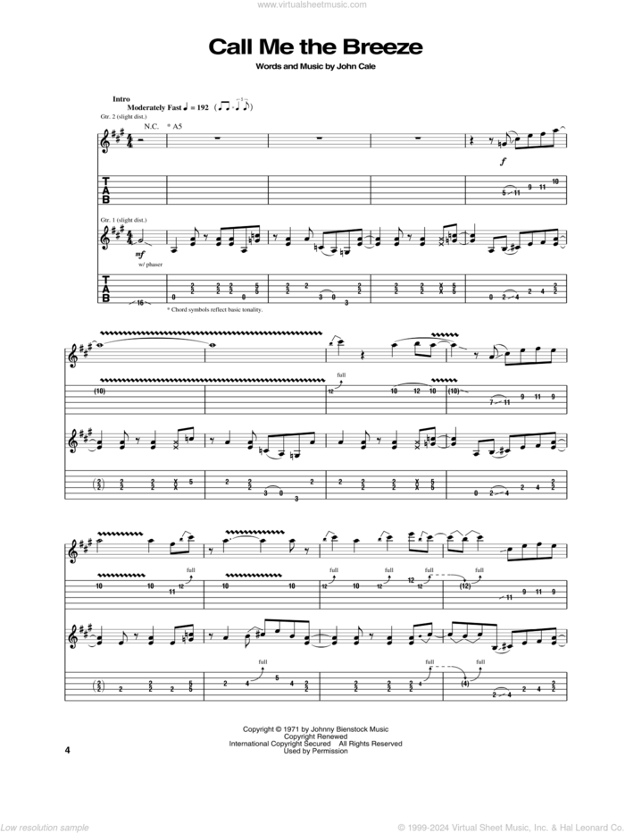 Call Me The Breeze sheet music for guitar (tablature) by Lynyrd Skynyrd and John Cale, intermediate skill level