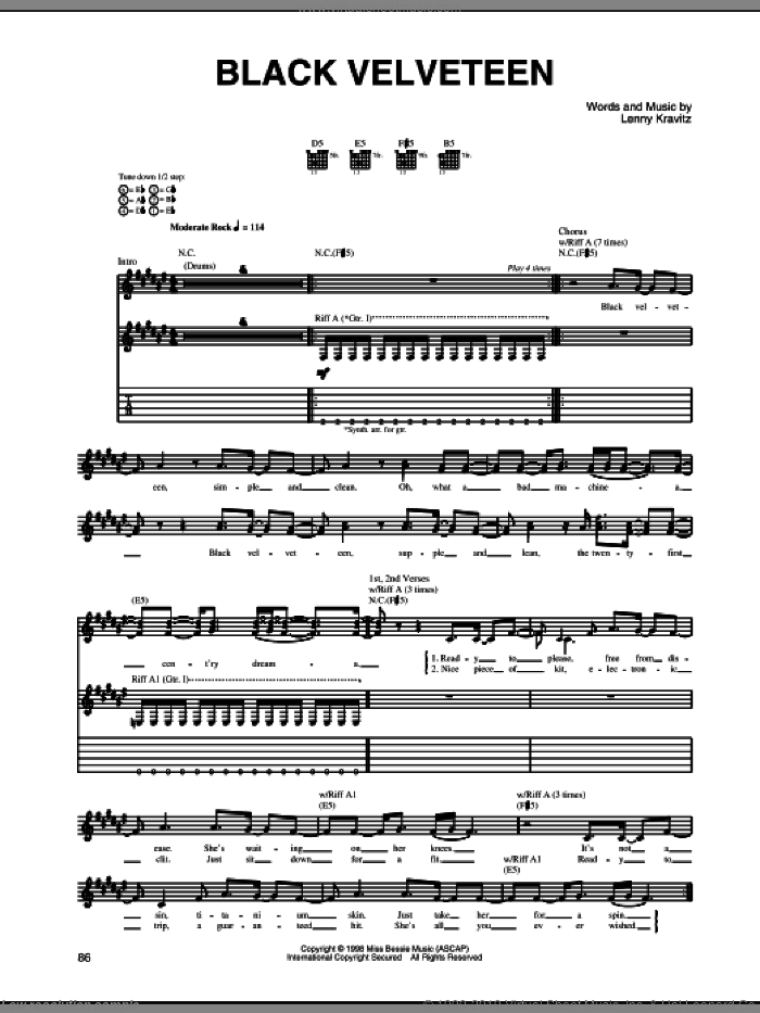 Black Velveteen sheet music for guitar (tablature) by Lenny Kravitz, intermediate skill level