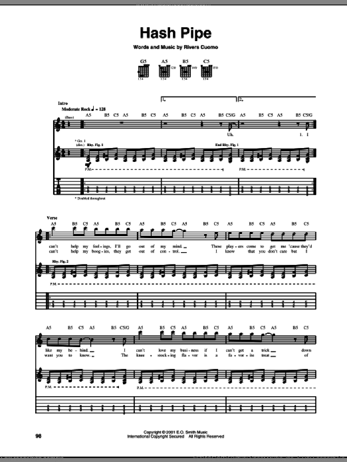 Hash Pipe sheet music for guitar (tablature) by Weezer and Rivers Cuomo, intermediate skill level