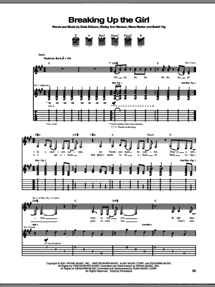 Breaking Up The Girl sheet music for guitar (tablature) by Garbage, Butch Vig, Duke Erikson, Shirley Ann Manson and Steve Marker, intermediate skill level