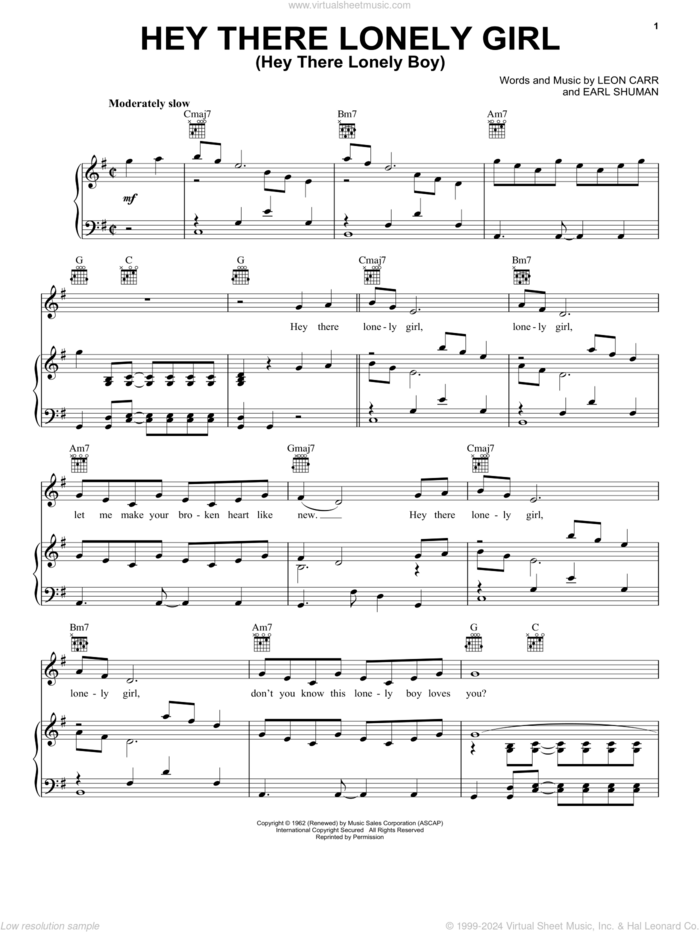 Hey There Lonely Girl (Hey There Lonely Boy) sheet music for voice, piano or guitar by Eddie Holman, Ruby & The Romantics, Earl Shuman and Leon Carr, intermediate skill level