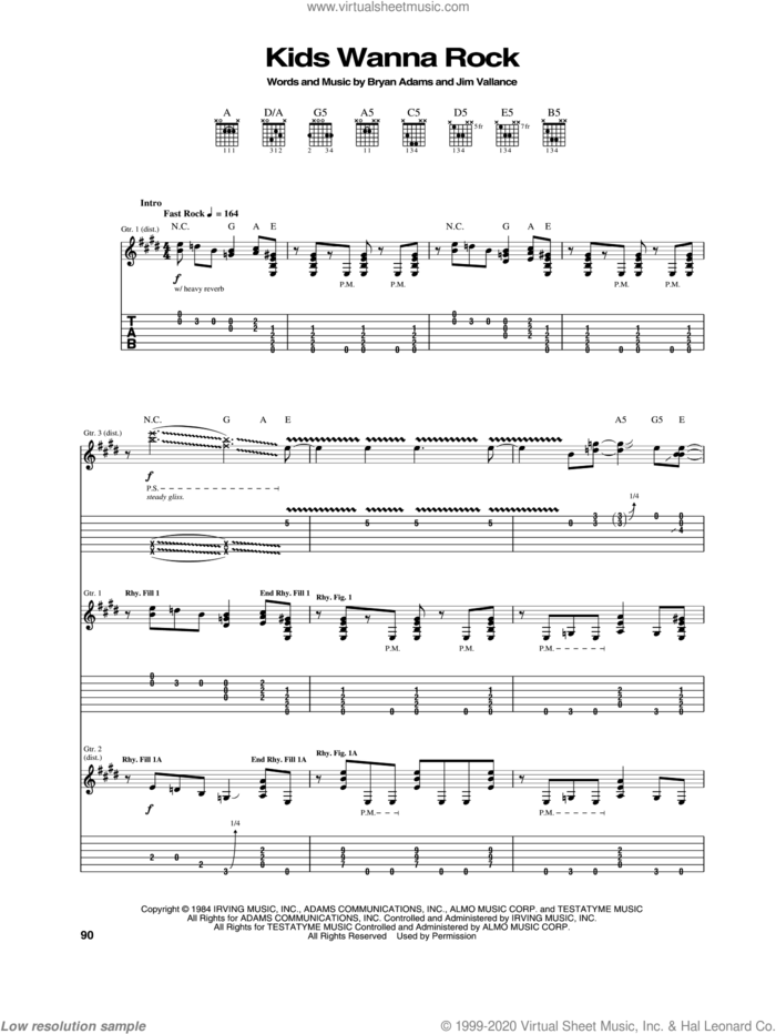 Kids Wanna Rock sheet music for guitar (tablature) by Bryan Adams and Jim Vallance, intermediate skill level