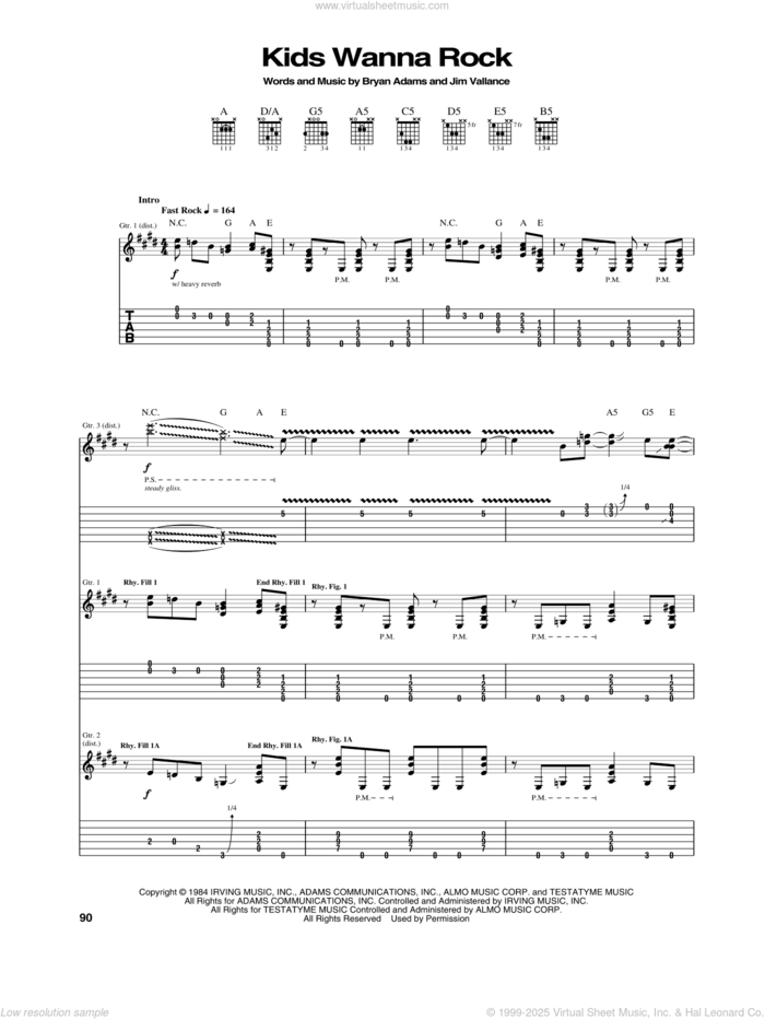 Kids Wanna Rock sheet music for guitar (tablature) by Bryan Adams and Jim Vallance, intermediate skill level