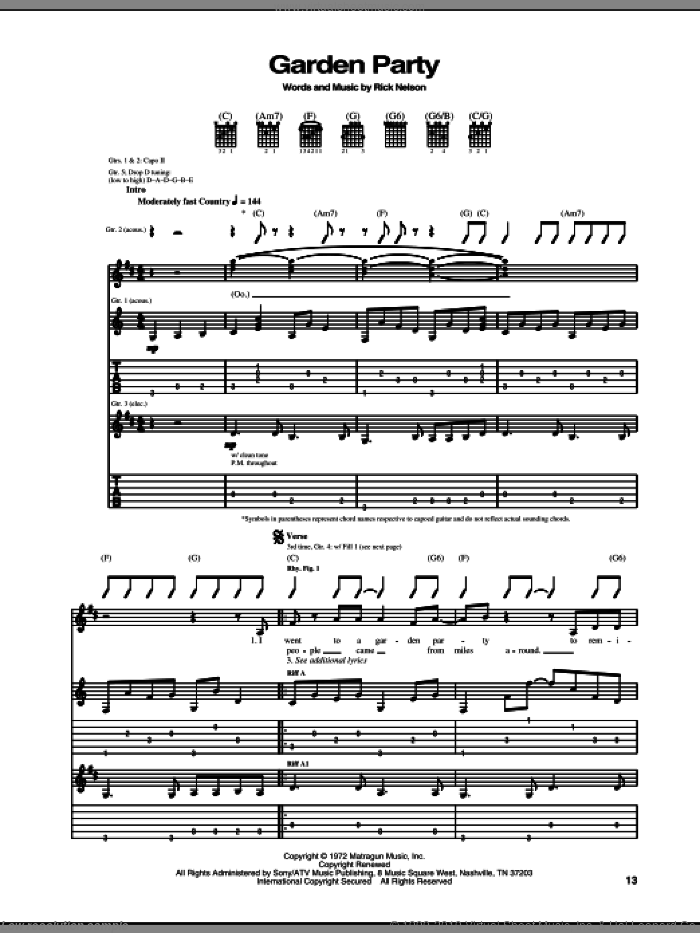 Garden Party sheet music for guitar (tablature) by Ricky Nelson, intermediate skill level