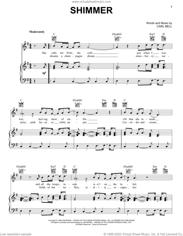 Shimmer sheet music for voice, piano or guitar by Fuel and Carl Bell, intermediate skill level