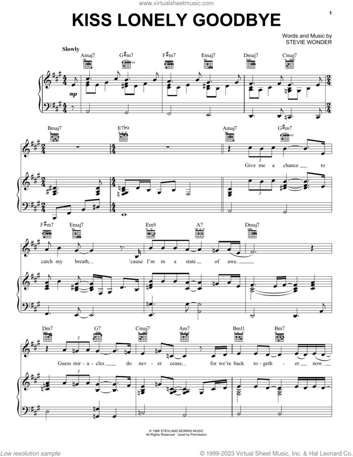 Kiss Lonely Goodbye sheet music for voice, piano or guitar by Stevie Wonder, intermediate skill level