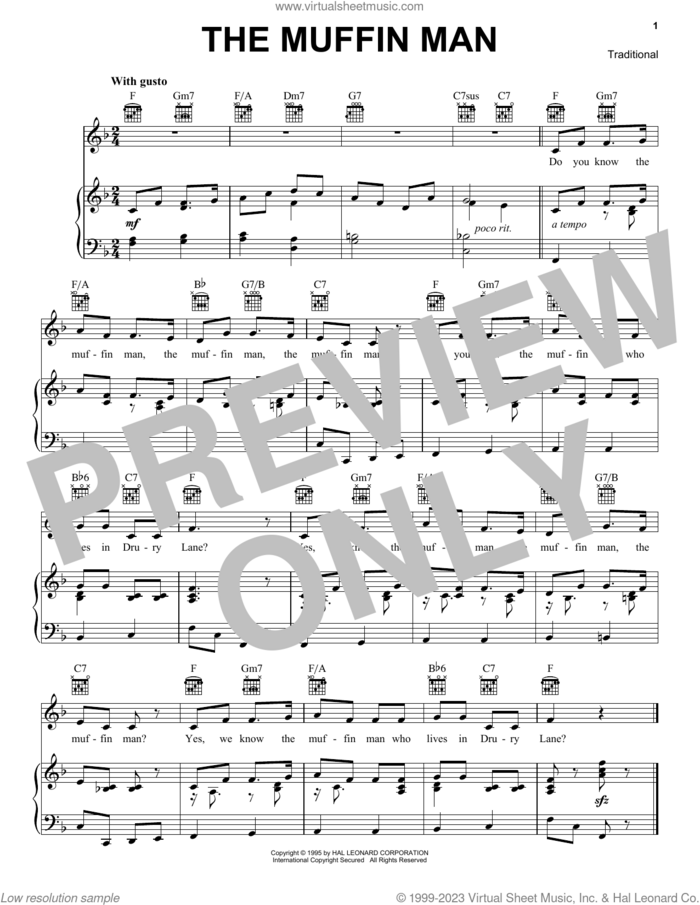 The Muffin Man sheet music for voice, piano or guitar, intermediate skill level