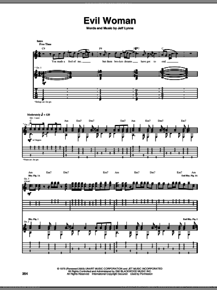 Evil Woman sheet music for guitar (tablature) by Electric Light Orchestra and Jeff Lynne, intermediate skill level