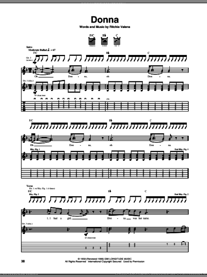 Donna sheet music for guitar (tablature) by Ritchie Valens, intermediate skill level