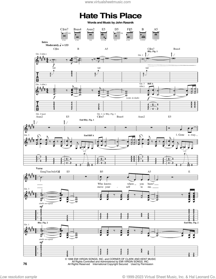 Hate This Place sheet music for guitar (tablature) by The Goo Goo Dolls and John Rzeznik, intermediate skill level