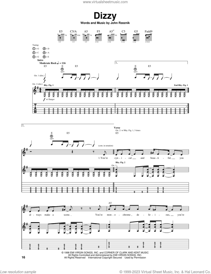 Dizzy sheet music for guitar (tablature) by The Goo Goo Dolls and John Rzeznik, intermediate skill level