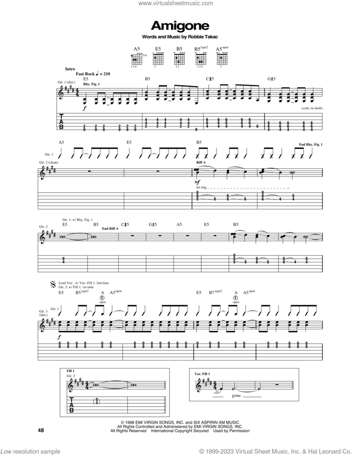 Amigone sheet music for guitar (tablature) by The Goo Goo Dolls and Robbie Takac, intermediate skill level