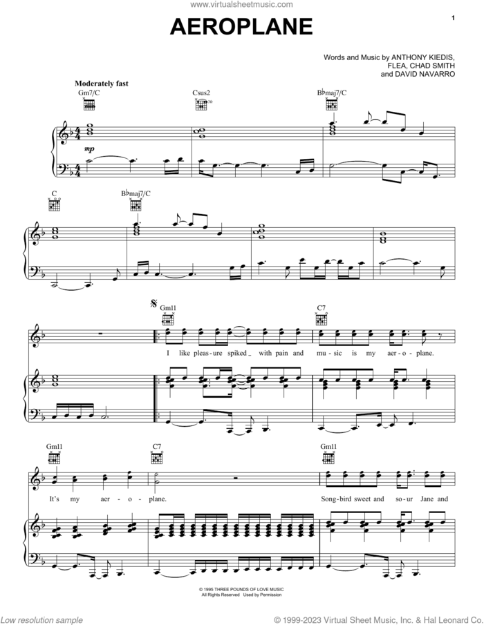 Aeroplane sheet music for voice, piano or guitar by Red Hot Chili Peppers, Anthony Kiedis, Chad Smith, David Navarro and Flea, intermediate skill level
