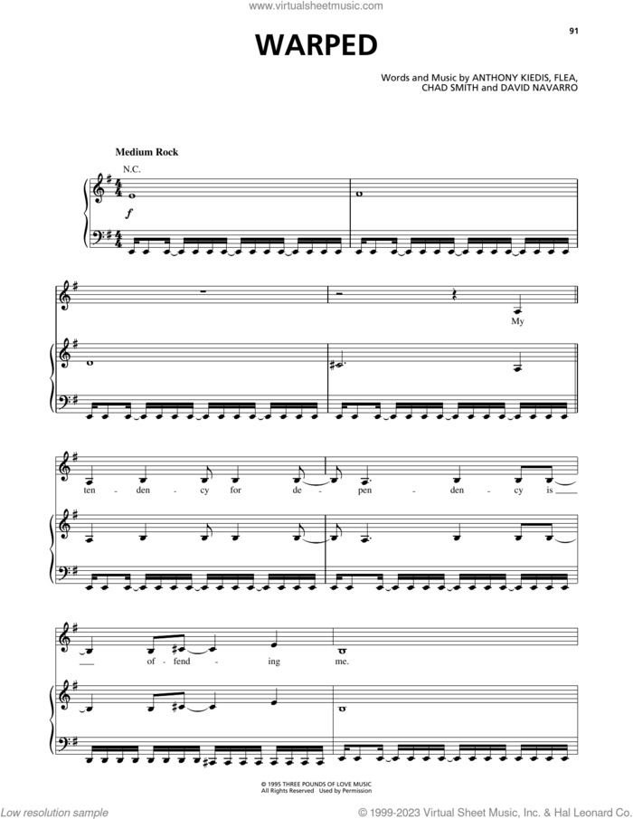Warped sheet music for voice, piano or guitar by Red Hot Chili Peppers, Anthony Kiedis, Chad Smith, David Navarro and Flea, intermediate skill level