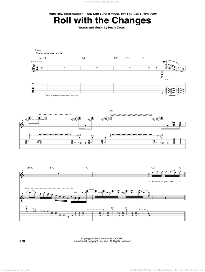 Roll With The Changes sheet music for guitar (tablature) by REO Speedwagon and Kevin Cronin, intermediate skill level