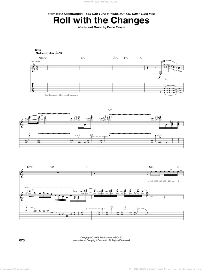 Roll With The Changes sheet music for guitar (tablature) by REO Speedwagon and Kevin Cronin, intermediate skill level