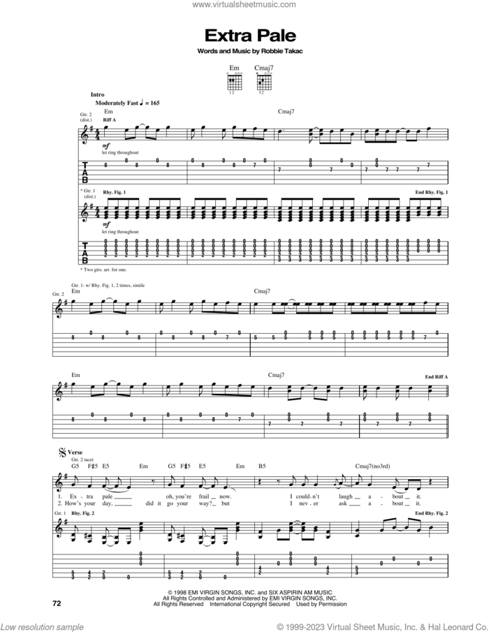 Extra Pale sheet music for guitar (tablature) by The Goo Goo Dolls and Robbie Takac, intermediate skill level