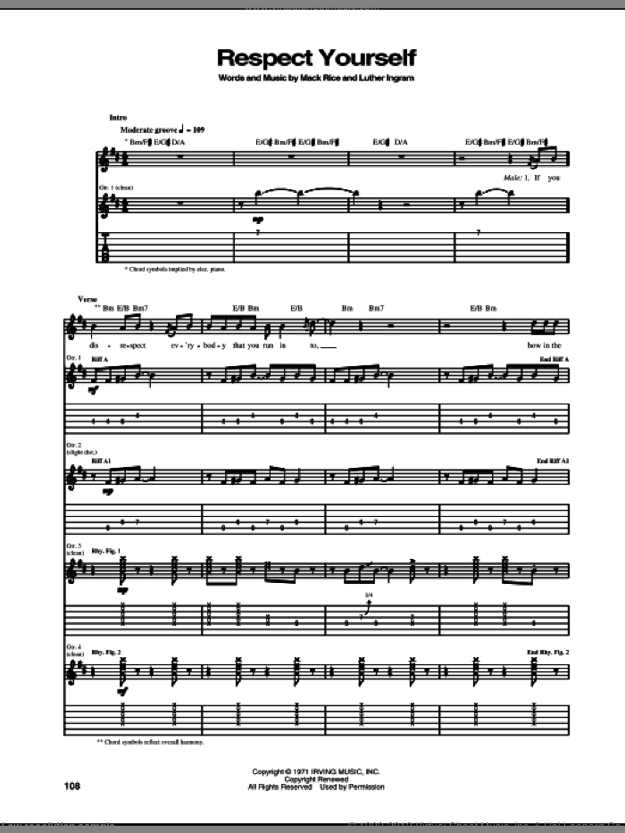 Respect Yourself sheet music for guitar (tablature) by The Staple Singers, Luther Ingram and Mack Rice, intermediate skill level