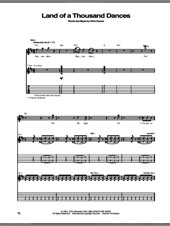 Land Of A Thousand Dances sheet music for guitar (tablature) by Wilson Pickett and Chris Kenner, intermediate skill level