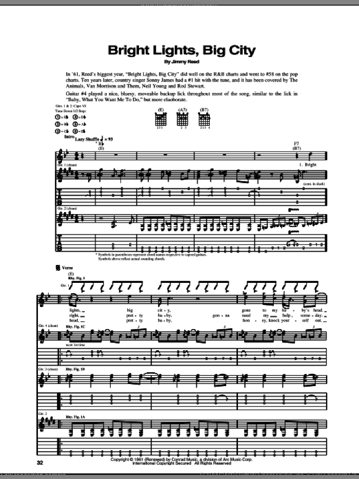 Bright Lights, Big City sheet music for guitar (tablature) by Jimmy Reed, intermediate skill level
