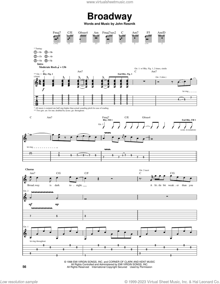Broadway sheet music for guitar (tablature) by The Goo Goo Dolls and John Rzeznik, intermediate skill level