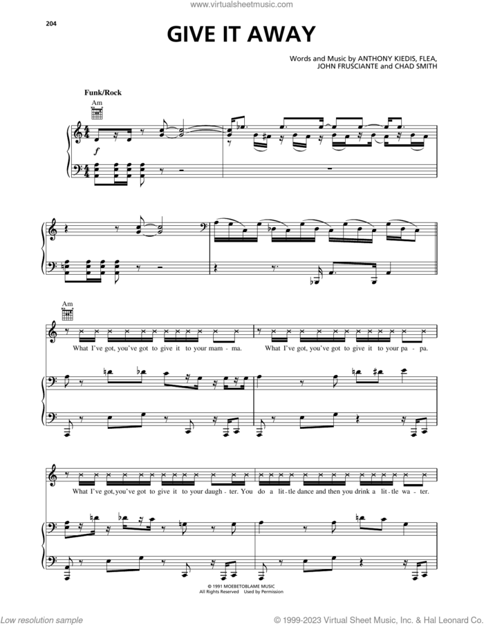 Give It Away sheet music for voice, piano or guitar by Red Hot Chili Peppers, Anthony Kiedis, Chad Smith, Flea and John Frusciante, intermediate skill level