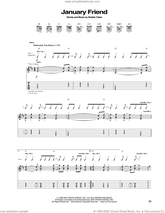 January Friend sheet music for guitar (tablature) by The Goo Goo Dolls and Robbie Takac, intermediate skill level