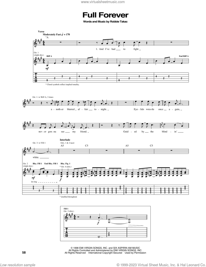 Full Forever sheet music for guitar (tablature) by The Goo Goo Dolls and Robbie Takac, intermediate skill level