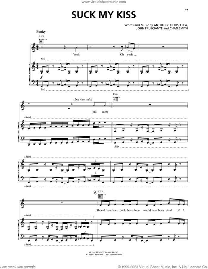 Suck My Kiss sheet music for voice, piano or guitar by Red Hot Chili Peppers, Anthony Kiedis, Chad Smith, Flea and John Frusciante, intermediate skill level