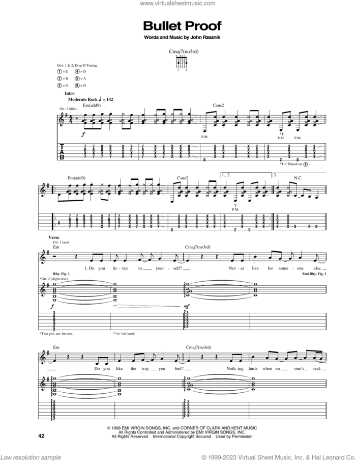 Bullet Proof sheet music for guitar (tablature) by The Goo Goo Dolls and John Rzeznik, intermediate skill level