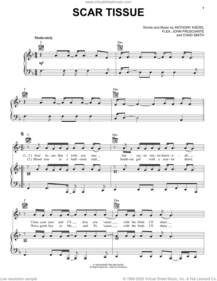Scar Tissue sheet music for voice, piano or guitar by Red Hot Chili Peppers, Anthony Kiedis, Chad Smith, Flea and John Frusciante, intermediate skill level