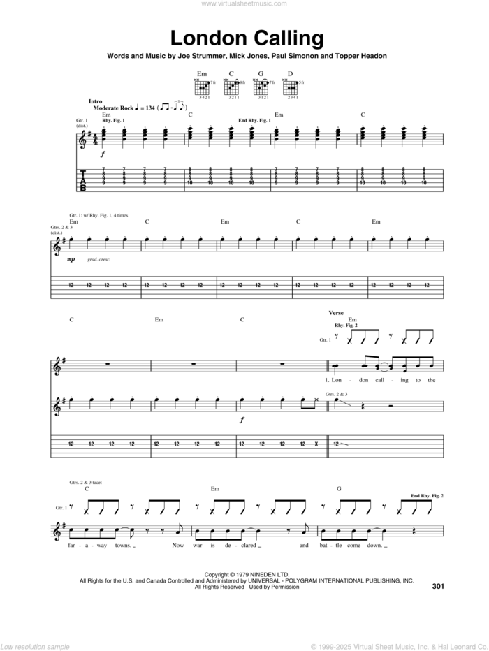 London Calling sheet music for guitar (tablature) by The Clash, Joe Strummer, Mick Jones, Paul Simonon and Topper Headon, intermediate skill level