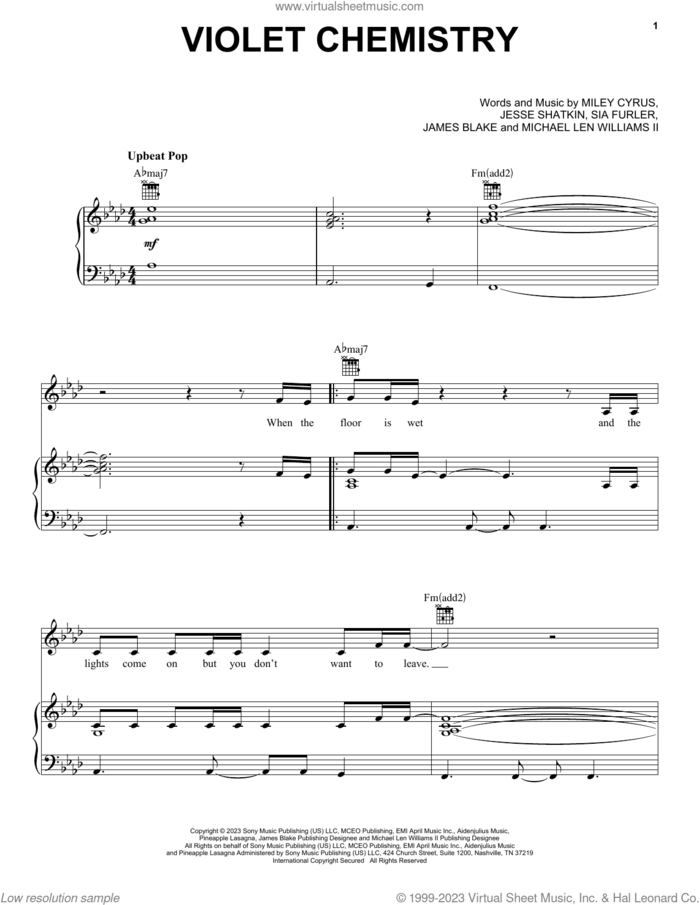 Violet Chemistry sheet music for voice, piano or guitar by Miley Cyrus, James Blake, Jesse Shatkin, Michael Len Williams II and Sia Furler, intermediate skill level