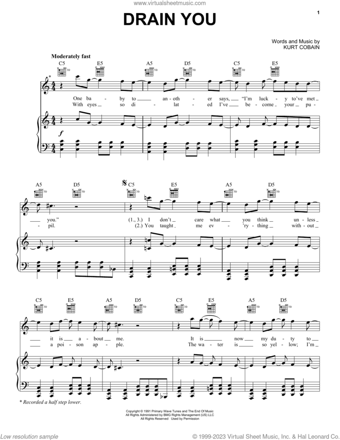 Drain You sheet music for voice, piano or guitar by Nirvana and Kurt Cobain, intermediate skill level