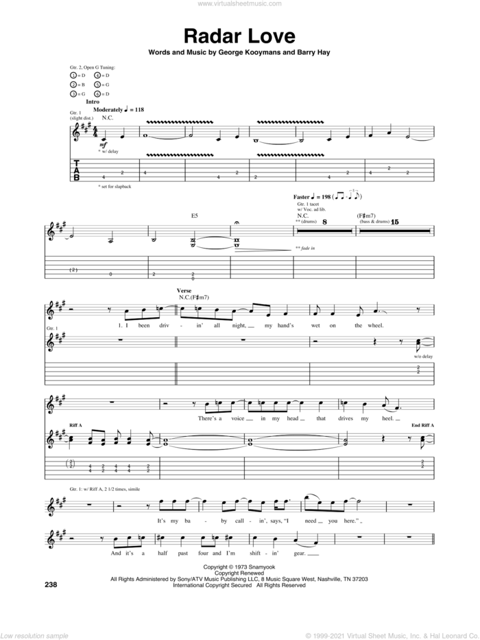 Radar Love sheet music for guitar (tablature) by Golden Earring, White Lion, Barry Hay and George Kooymans, intermediate skill level