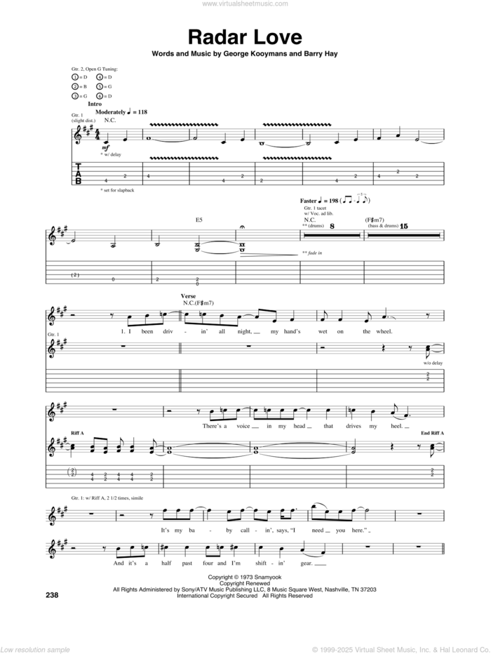 Radar Love sheet music for guitar (tablature) by Golden Earring, White Lion, Barry Hay and George Kooymans, intermediate skill level