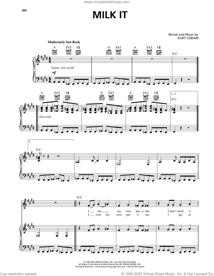 Milk It sheet music for voice, piano or guitar by Nirvana and Kurt Cobain, intermediate skill level