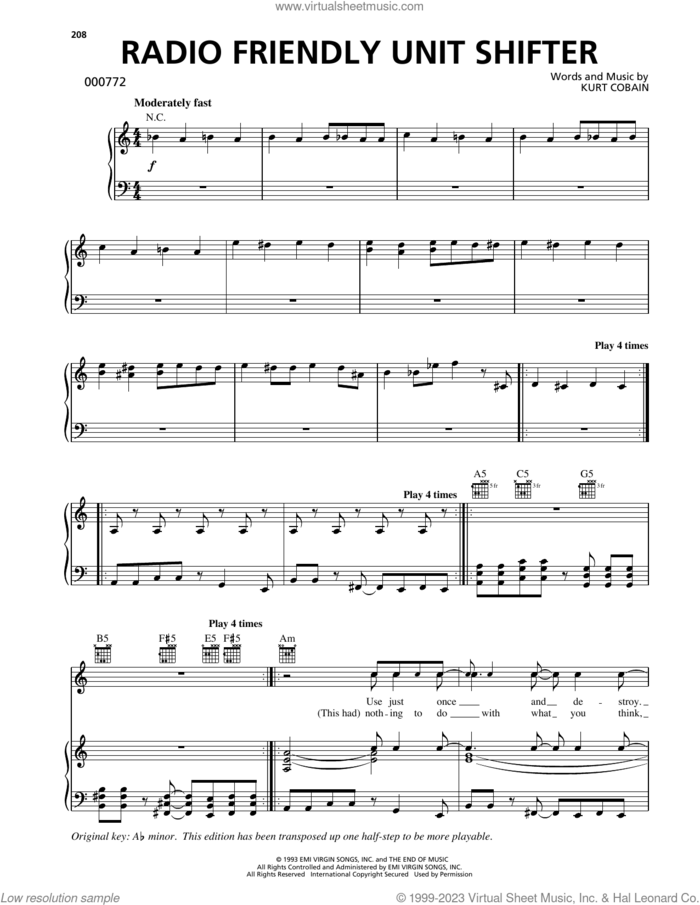Radio Friendly Unit Shifter sheet music for voice, piano or guitar by Nirvana and Kurt Cobain, intermediate skill level