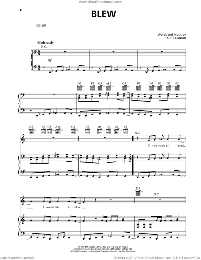Blew sheet music for voice, piano or guitar by Nirvana and Kurt Cobain, intermediate skill level